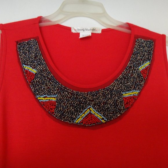 Sleeveless Stretchy Beaded Asymmetrical Hem Red Top Sz XL - Picture 4 of 9